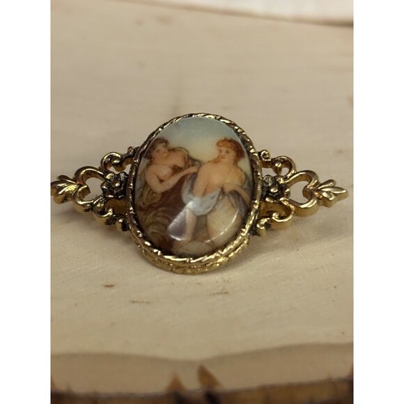 Vintage Porcelain Brooch Gilded Nude Maidens, Rococo Revival Pin Ornate Gold Ton - Picture 2 of 11
